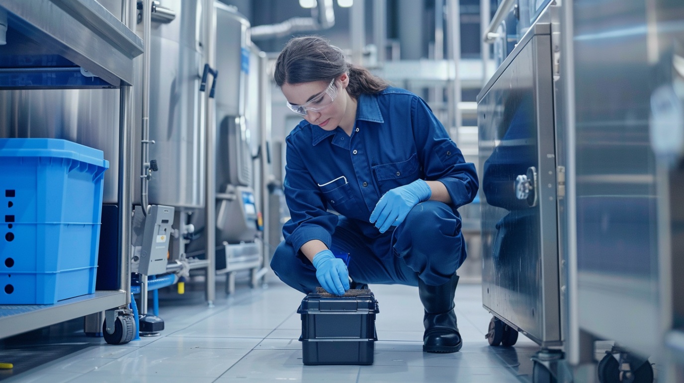 Donna inchinata in un laboratorio davanti a un fusto